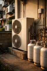 Naklejka premium Outdoor air conditioning unit with dual fans and refrigerant tanks mounted on concrete platform with copper piping and electrical conduits on building exterior wall.
