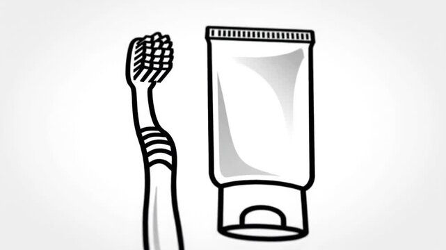 A black and white illustration of dental hygiene products toothbrush and toothpaste tube