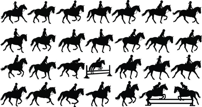 Equestrian rider silhouettes show horse jumping.