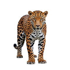 Obraz premium A majestic leopard standing alone on a white background, showcasing its vibrant fur. isolated on transparent background