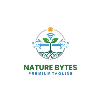 Eco-friendly technology logo featuring a tree with circuit roots.