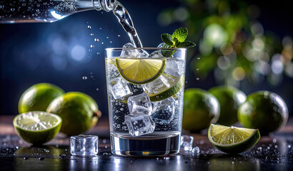 Sparkling water pours into a glass filled with ice and fresh lime slices. Condensation beads on the surface as bubbles rise, accompanied by a sprig of mint. Crisp, refreshing summer background