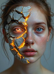 Powerful portrait of a young woman face skin partially transforming into dry, cracked earth surface, with volcanic molten lava seen through the deep fissures, illuminating an eye with a fiery light