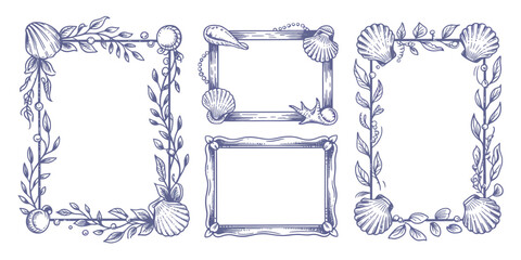 Decorative nautical frames, and borders featuring seashells, coastal foliage illustrations, marine elements, elegant ocean inspired ornaments, and seaside themed decorative design compositions.