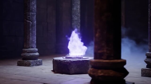 Mystical flames in ancient chamber with pillars and glowing atmosphere