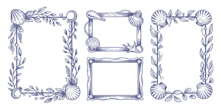 Decorative nautical frames, and borders featuring seashells, coastal foliage illustrations, marine elements, elegant ocean inspired ornaments, and seaside themed decorative design compositions.