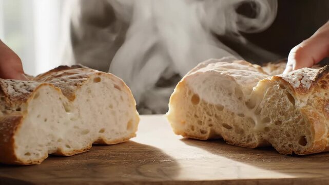 Hands slicing fresh artisan sourdough bread slow motion 4k footage