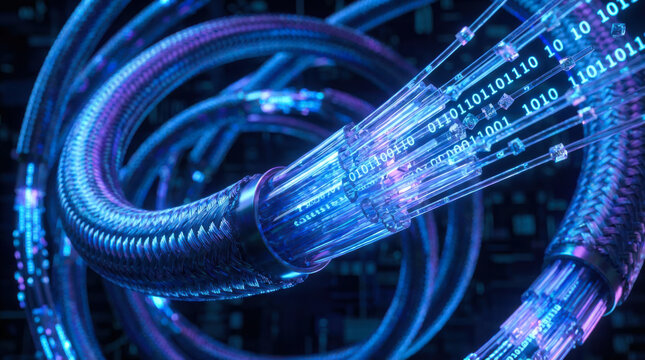 Futuristic fiber optic cable transmits glowing digital data in high speed network background