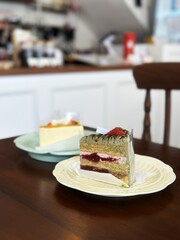 Matcha and Mango Cake on the Table