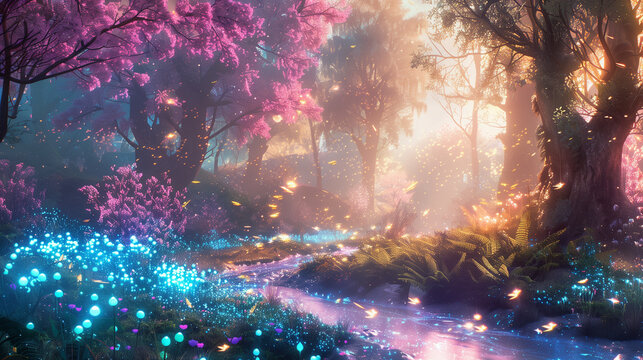 Fantasy landscape with dreamy forest and river