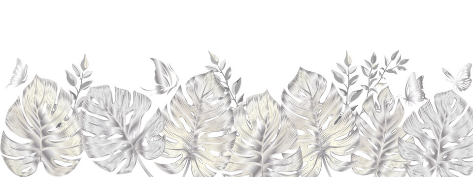 monstera leaves on a silver background with a silver frame.Close-up. Design element