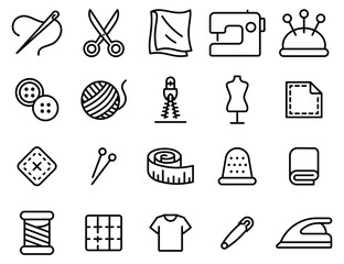 A collection of sewing and crafting tools. The image is black and white. The tools include scissors, needles, pins. Vector. Editable Stroke.