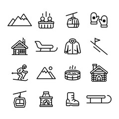 Winter activities and symbols: skiing, cabin, and cozy gear illustration set.