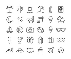 Minimalist summer vacation icons collection featuring beach and travel themes.
