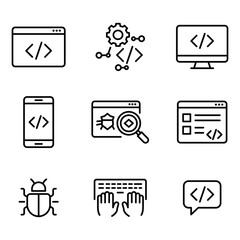 Coding and development icons including debugging and software interfaces.
