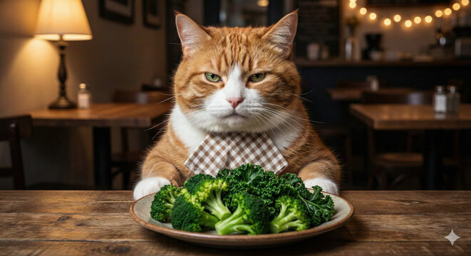 Funny grumpy cat sits at table with plate of broccoli during romantic candlelit dinner