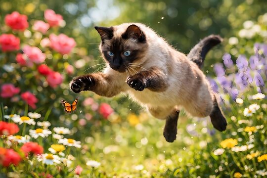 Dynamic action shot of a Siamese cat pouncing on a butterfly in a colorful garden. Bright sun, mid-air capture, joyful energy. National Pet Day.