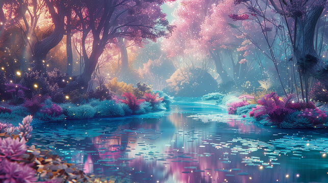 Fantasy landscape with dreamy forest and river