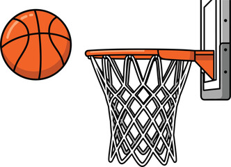 Vector illustration of an orange basketball flying towards a basketball hoop and net for sports and competition concepts © MSTRazia