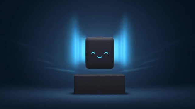 Animated smiling box with glowing blue aura and abstract background