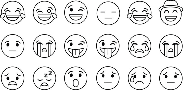 Minimal line emoji icon set with happy sad crying sleeping wink tongue neutral facial expressions outline vector illustration