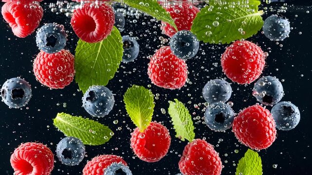Closeup raspberries blueberries mint leaves underwater bubbles macro shot vibrant fresh fruit Ai HD 4K video.
