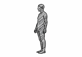 Obraz premium Line drawing of a full-body male figure standing in profile view, with a sketched effect, illustrating human anatomy and form