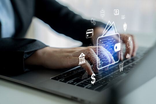 Modern mobile banking concept featuring secure digital wallet interface, contactless NFC payment, and money transfer. Represents safe user financial buy transactions in a cashless society. Corpus