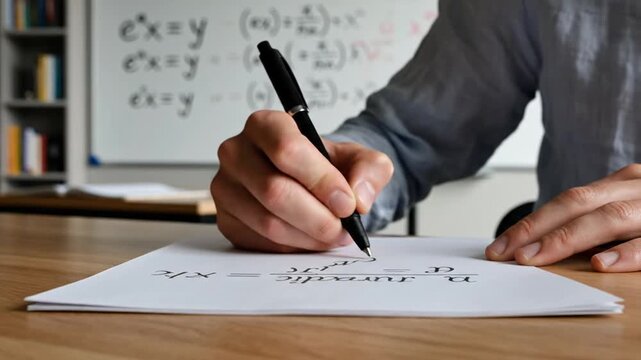A person's hand writes a mathematical equation on paper, a whiteboard with math formulas behind
