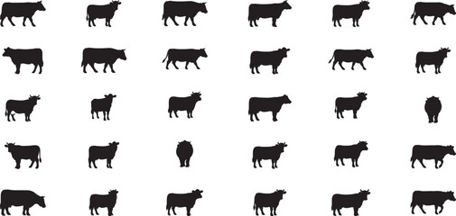 Collection of black cow silhouettes in various poses