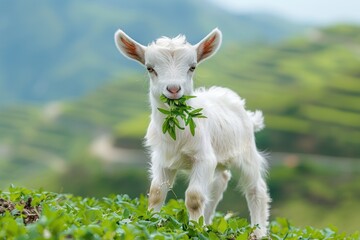 Obraz premium Cute white kid goat chewing green leaves on a vibrant hillside with soft focus terraces