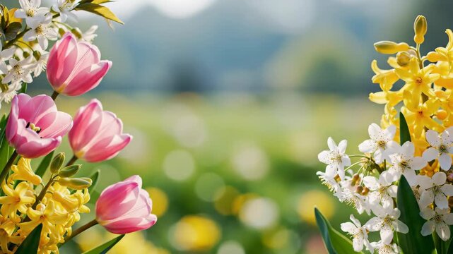 Pink tulips, yellow hyacinths, and white narcissus in bloom with green bokeh background for spring or easter