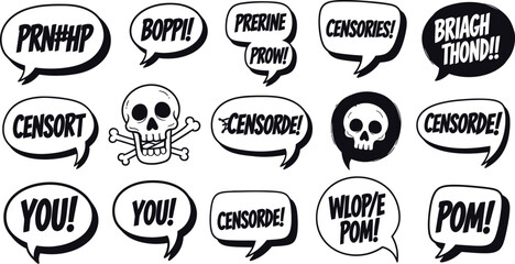 A cartoon illustration of various speech bubbles with censored words and skulls on a white background