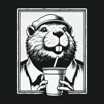 Monochromatic Beaver Enjoying a Refreshing Drink in a Framed Portrait.