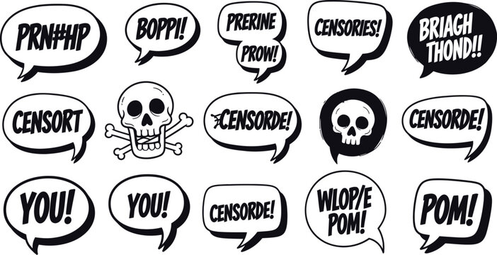 A cartoon illustration of various speech bubbles with censored words and skulls on a white background