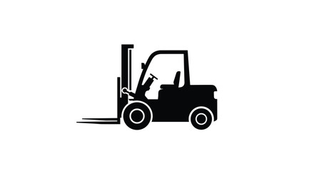 Naklejka premium A bold black silhouette icon of a standard forklift truck, clearly depicting its vertical mast, extended front forks, and sturdy wheels, presented against a plain white background.