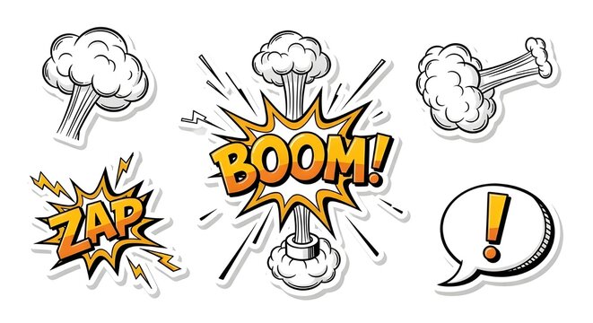 A dynamic collection of comic-book-inspired action elements, including "BOOM!" and "ZAP!" sound effect bubbles, puffy smoke clouds, and an exclamation point speech bubble. 
