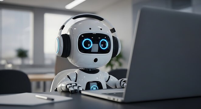 Robot working on laptop in office environment with headphones on