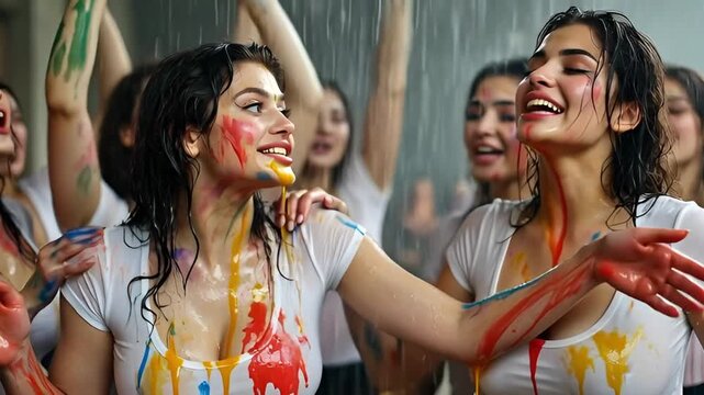 Attractive Indian Women Celebrating Holi Festival with Colorful Powder and Joyful Expressions