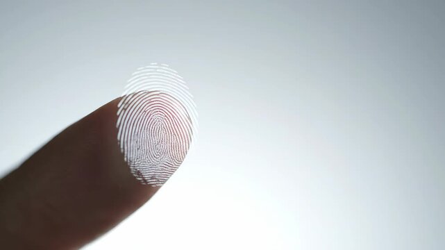 Close-up of a human finger showing a detailed fingerprint pattern on a light background.