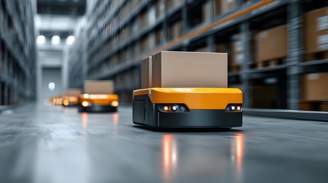 Autonomous warehouse robot delivering package in modern logistics aisle