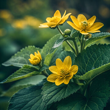 Close up of bright yellow wild flowers blooming on green stems. Euryops virgineus is a species of flowering plant with yellow leaves,