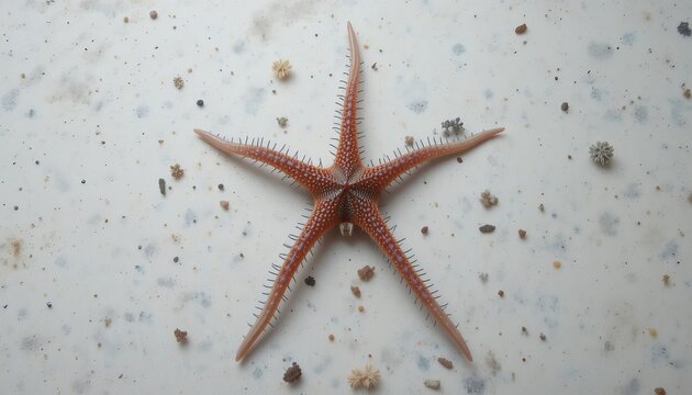 Vibrant orange starfish on white sandy beach with seashells