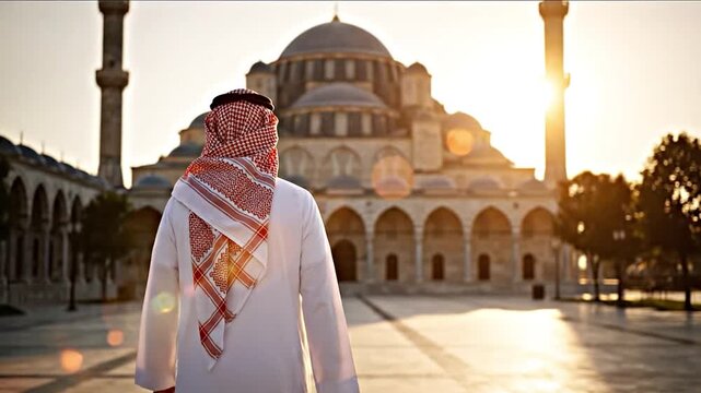 Arab man wearing thobe and keffiyeh walking to mosque in the daylight. 