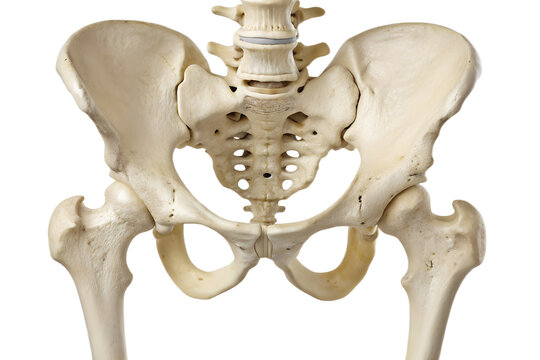 Detailed human pelvis skeleton front view, showcasing hip bones, sacrum, and upper part of the femurs, isolated on white for medical and educational purposes