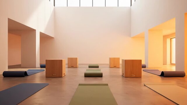 A modern, empty studio transforms into a serene yoga space. Warm light fills the minimalist room with exercise equipment.