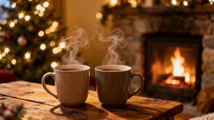 Cozy Winter Evening with Hot Coffee by the Fireplace