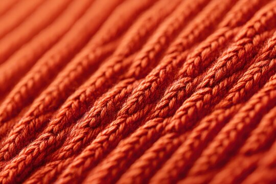Close up macro texture of knitted fabric in saturated persimmon color, showcasing intricate patterns and fine details of the yarn structure and stitching techniques