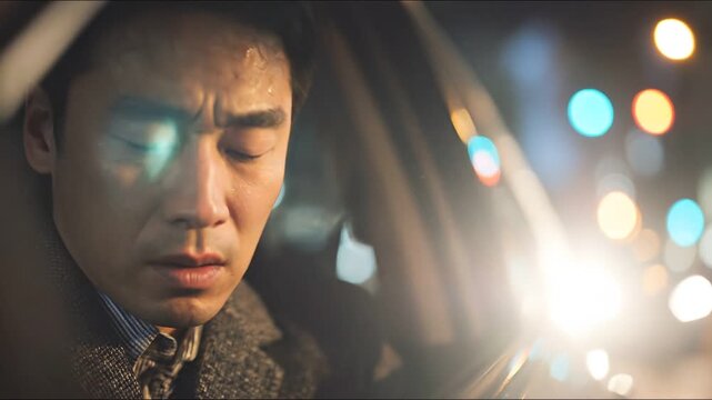 A man showing distress and exhaustion while resting his head against the car window on a rainy night with blurred city lights