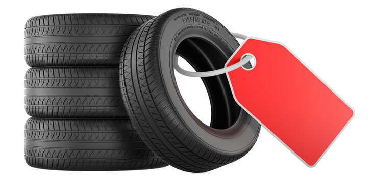 Car tires stack with blank red price tag, sale and promotion concept, 3D rendering